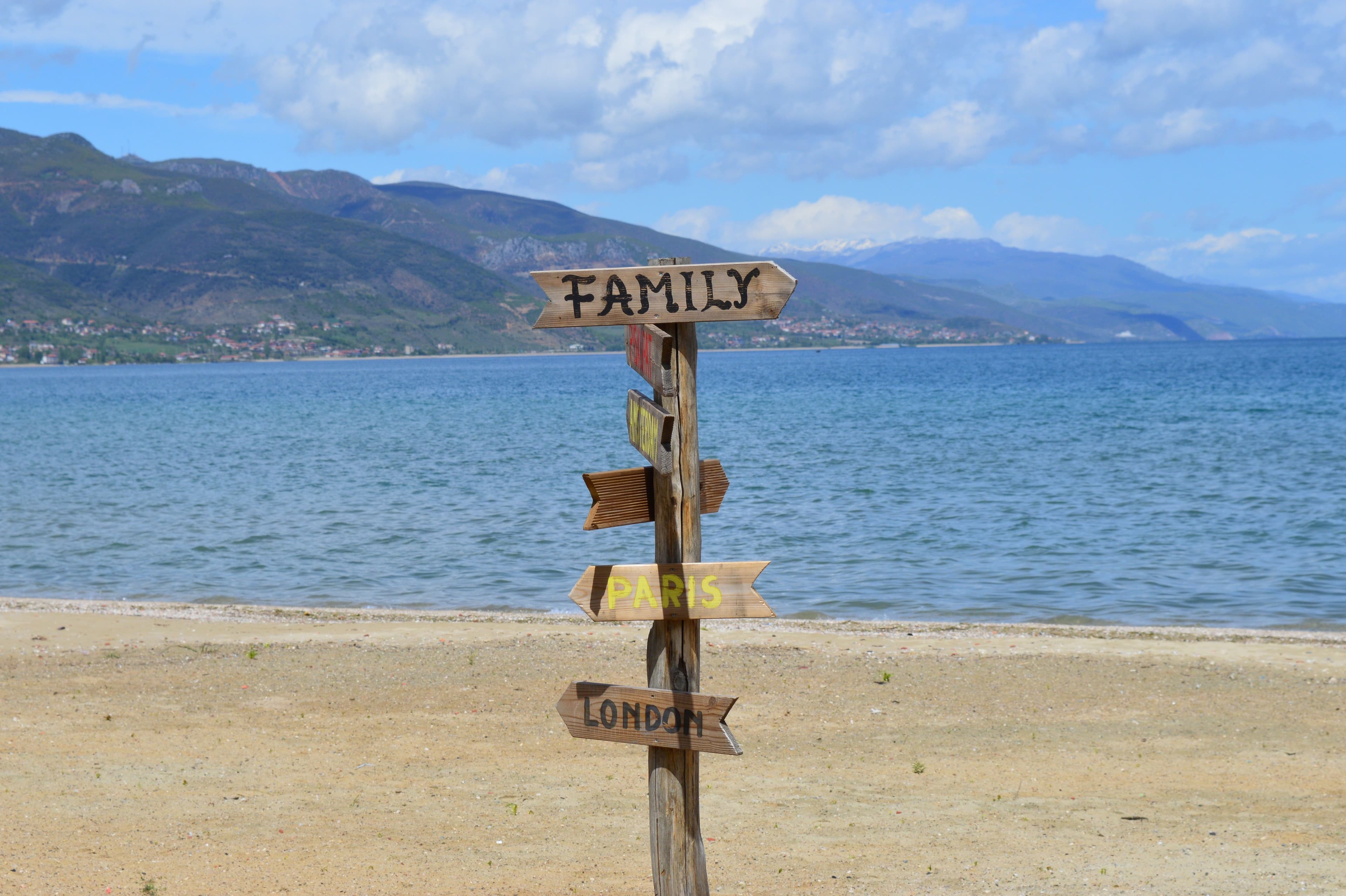 Wooden signpost on a sandy beach in Pogradec, Albania, overlooking the serene lake.